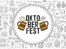 oktoberfest 2022 - bierfestival. handgetekende doodle elementen. Duitse traditionele vakantie. rond embleem met bierpullen en tekst met een patroon van overzichtselementen. vector