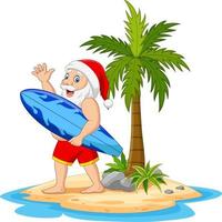 cartoon kerstman met surfplank op het tropische eiland vector