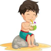 cartoon kleine jongen zit en drink kokoscocktail vector
