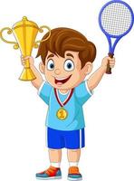 kleine jongen met gouden medaille en tennistrofee vector