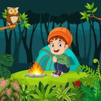tekenfilm jongetje kamperen in de jungle vector