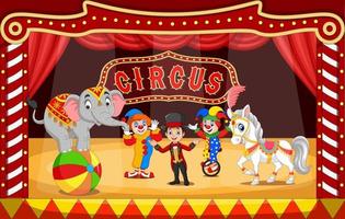 cartoon circusartiesten op circusarena met clowns, temmer en dieren vector