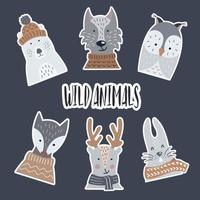 stickers van papier met een schaduw van wilde en bosdieren. beer, wolf, uil, vos, hert, haas. vectorillustratie. vector