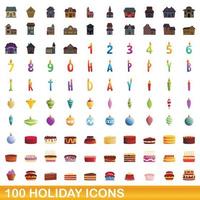 100 vakantie iconen set, cartoon stijl vector