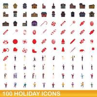 100 vakantie iconen set, cartoon stijl vector