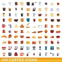 100 koffie iconen set, cartoon stijl vector