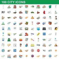 100 stad iconen set, cartoon stijl vector