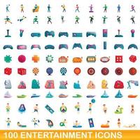 100 entertainment iconen set, cartoon stijl vector