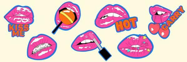 grappige komische schattige lippen sticker set. moderne illustratie voor poster, briefkaart of achtergrond. popart lippen vector illustratie