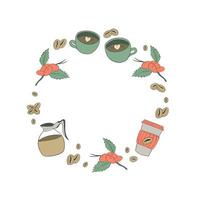 vector frame met doodle kopje koffie, koffiepot, koffieboom en bonen. vintage design met koffie-elementen. handgetekende illustraties voor coffeeshop, café, menu