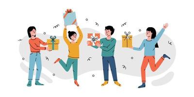 vrouwen en man houden geschenkdozen lachend plezier met vrienden geïsoleerd. mensen met cadeautjes. vector