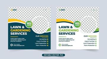 gazon tuinieren en agro farm service social media post vector. flyerontwerp voor tuinieren en gazonreiniging. grasmaaien en landschapsarchitectuur zakelijke advertentie banner sjabloon illustratie. vector