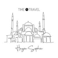 een doorlopende lijntekening hagia sophia moskee. wereld schoonheid iconisch monument in istanbul, turkije. wand decor thuis art poster print concept. moderne enkele lijn tekenen ontwerp vector grafische afbeelding