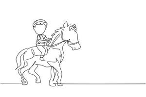 enkele doorlopende lijntekening gelukkige schattige jongen die schattig paard berijdt. kind zittend op rug paard met zadel in ranch park. kinderen leren paardrijden. een lijn tekenen grafisch ontwerp vectorillustratie vector
