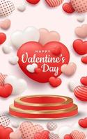 Valentijnsdagbanner met realistische haard of liefdesvorm en 3D-podium vector