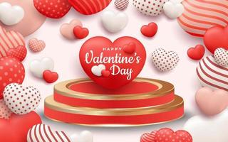 gelukkige Valentijnsdag achtergrond met realistische haard of liefdesvorm en 3d podium vector