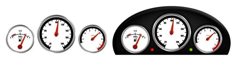auto meters, snelheidsmeter, toerenteller, brandstofniveaumeter. autodashboard. realistische vector op witte achtergrond