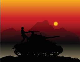 silhouet van een tank met een soldaat bij zonsondergang vector