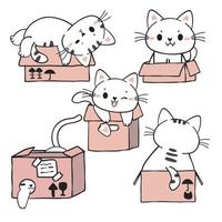 leuke grappige speelse witte poes kat in roze kartonnen dozen collectie, schattige cartoon kat gezelschapsdier hand getekende vector