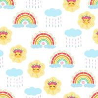 regenboog, zon, regen naadloos patroon. illustratie voor afdrukken, achtergronden, covers, verpakkingen, wenskaarten, posters, stickers, textiel en seizoensontwerp. geïsoleerd op een witte achtergrond. vector