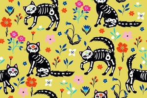 naadloos patroon met skeletkatten en bloemen. vectorafbeeldingen. vector