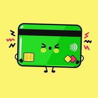 schattig boos creditcardkarakter. vector hand getekend cartoon kawaii karakter illustratie pictogram. geïsoleerd op blauwe achtergrond. triest creditcard karakter concept