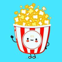 leuke grappige popcorn zwaaiende hand karakter. vector hand getekend cartoon kawaii karakter illustratie pictogram. geïsoleerd op blauwe achtergrond. popcorn karakter concept