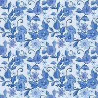 zwart-wit blauwe bloemen en bladeren naadloos patroon vector