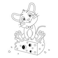 kleurplaat paginaoverzicht van cartoon schattige muis zit op kaas. kleurrijke vectorillustratie, kleurboek voor kinderen vector