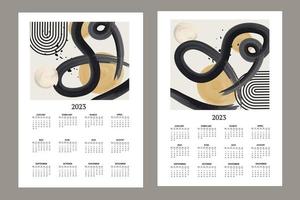 klassieke maandkalender voor 2023. kalender met abstracte vormen, zwart-witte penselen, geel en cirkels. vector