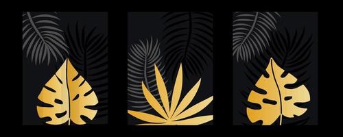 vector achtergrond van aquarel kunst. behangontwerp met een borstel. zwart, goud, borstels, cirkels, palmbladeren, monsterablad, abstracte vormen