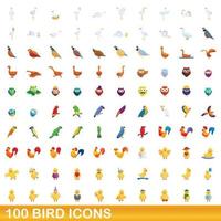 100 vogel iconen set, cartoon stijl vector