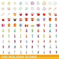 100 vakantie iconen set, cartoon stijl vector