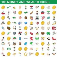 100 geld en rijkdom iconen set, cartoon stijl vector