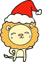 stripboekstijlillustratie van een leeuw die een kerstmuts draagt vector