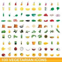 100 vegetarische iconen set, cartoon stijl vector