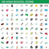 100 middelbare school iconen set, cartoon stijl vector