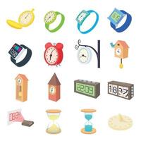 klok en horloge iconen set, cartoon stijl vector