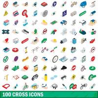 100 kruis iconen set, isometrische 3D-stijl vector