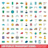 100 openbaar vervoer iconen set, cartoon stijl vector