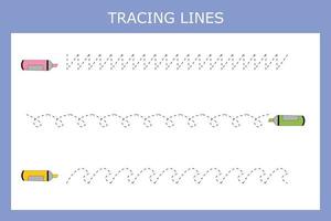 traceerlijnenspel met kleurrijke markeringen. werkblad voor kleuters, activiteitenblad voor kinderen, afdrukbaar werkblad vector