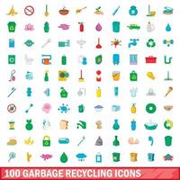 100 afval recycling iconen set, cartoon stijl vector