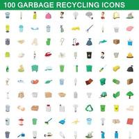 100 afval recycling iconen set, cartoon stijl vector