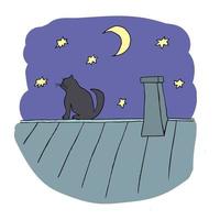 cartoon afbeelding van een kat zittend op een dak 's nachts. vector