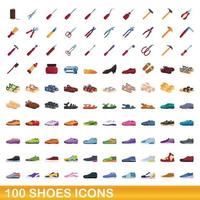 100 schoenen iconen set, cartoon stijl vector