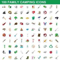 100 familie camping iconen set, cartoon stijl vector