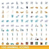 100 dieren iconen set, cartoon stijl vector