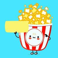 leuke grappige popcorn poster karakter. vector hand getekend cartoon kawaii karakter illustratie. geïsoleerde blauwe achtergrond. popcornposter