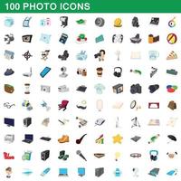 100 foto iconen set, cartoon stijl vector