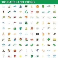 100 park iconen set, cartoon stijl vector